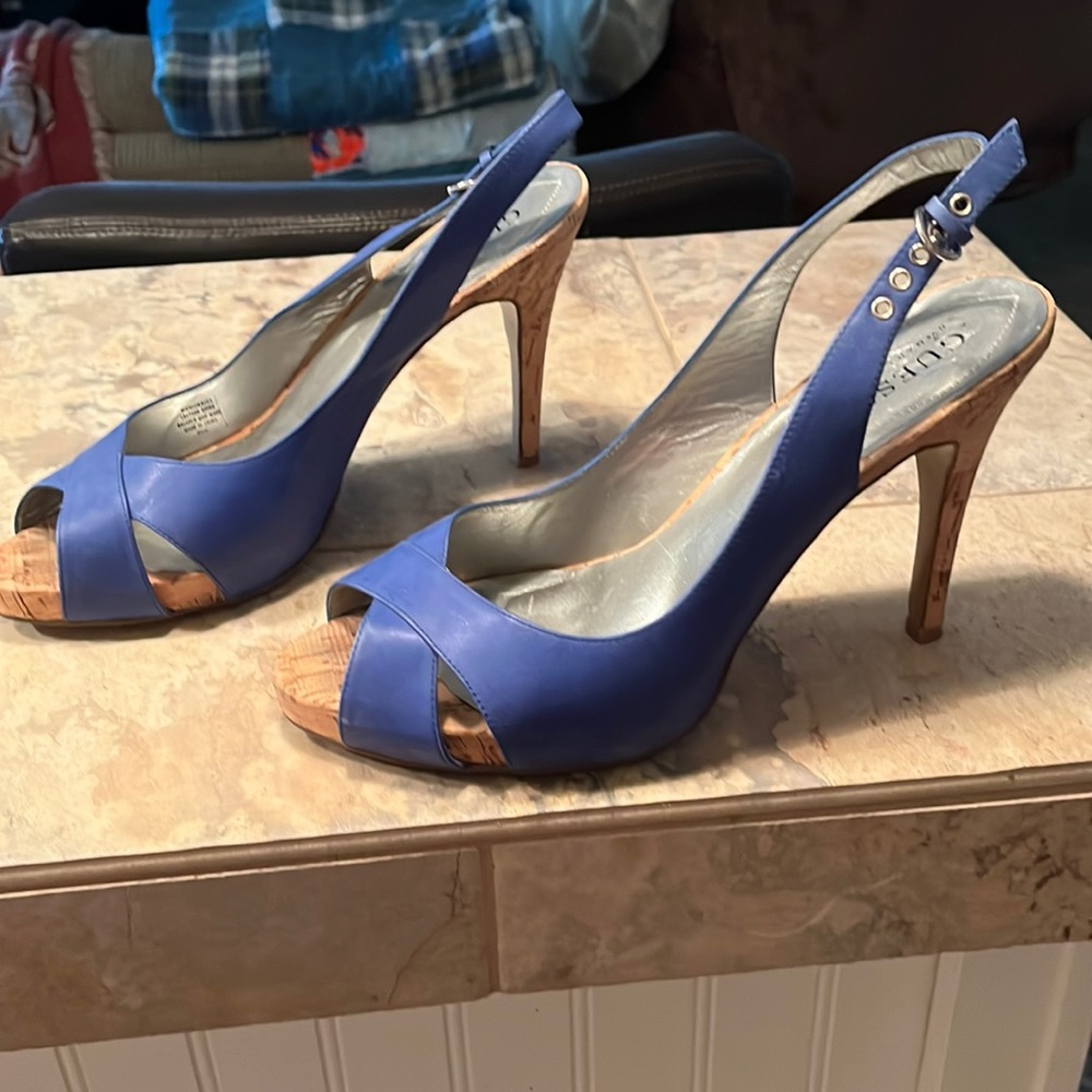 Cork accent Sea blue sandal heels